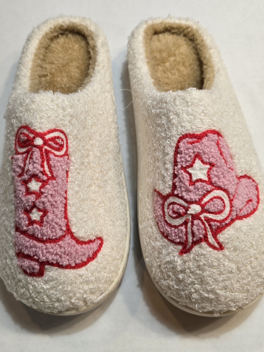 Womens Cozy Cream Slippers with Pink Cowboy Boot Embroidery